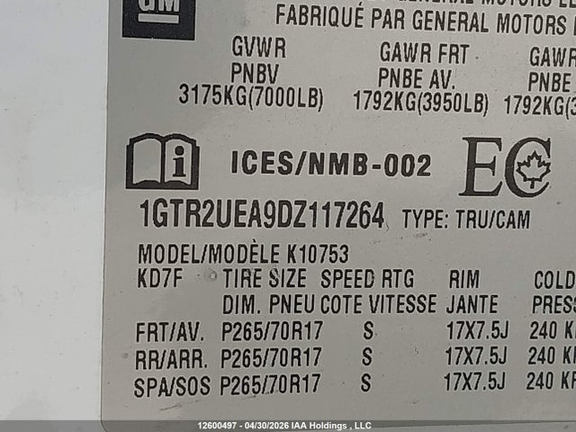 12600497 :رقم المزاد ، 1GTR2UEA9DZ117264 vin ، 2013 Gmc Sierra K1500 Sl مزاد بيع