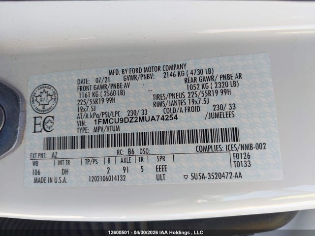 12600501 :رقم المزاد ، 1FMCU9DZ2MUA74254 vin ، 2021 Ford Escape Titanium مزاد بيع