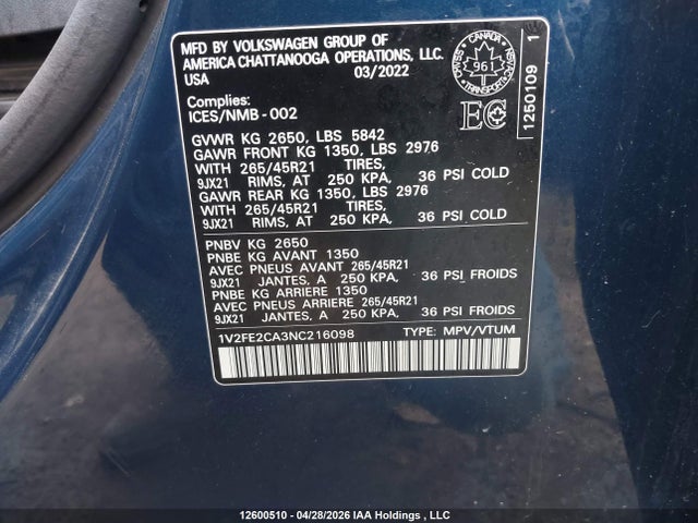 1V2FE2CA3NC216098 Volkswagen Atlas Cross Sport 3.6 Fsi Execline