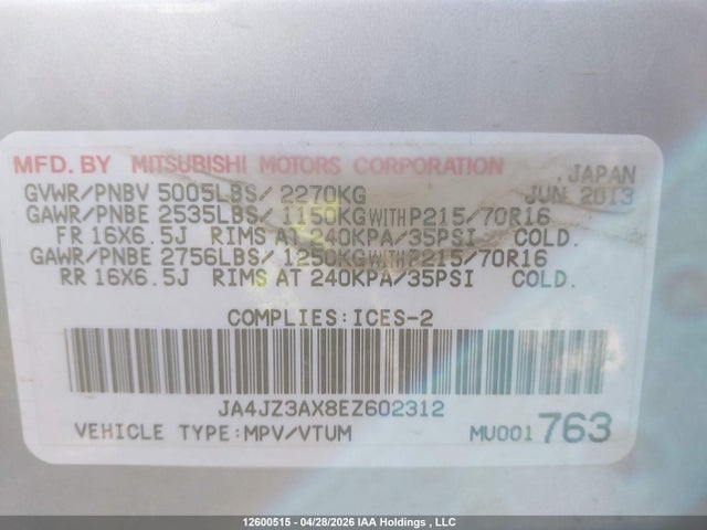 JA4JZ3AX8EZ602312 Mitsubishi Outlander Se