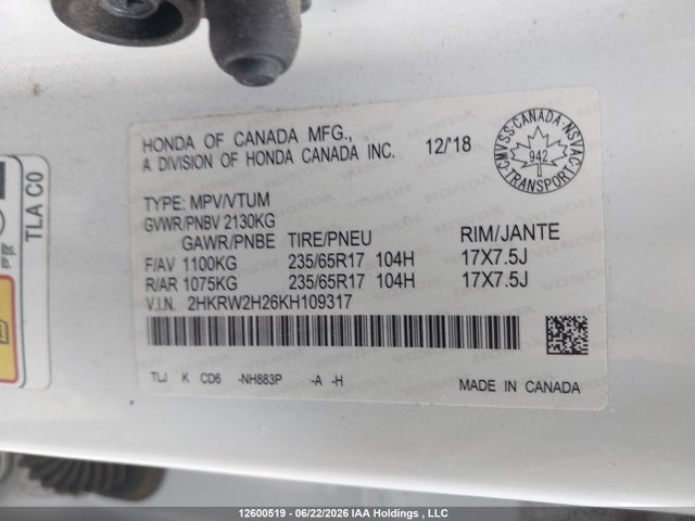Honda CR-V 2019 2HKRW2H26KH109317 Image 9