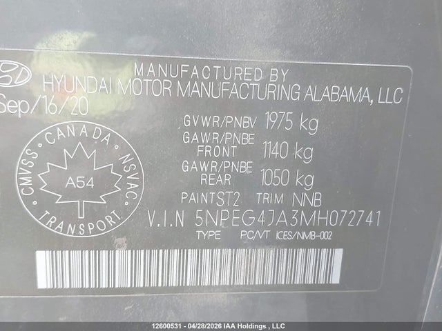 Aukcja sprzedaży 2021 Hyundai Sonata Se, vin: 5NPEG4JA3MH072741, numer aukcji: 12600531