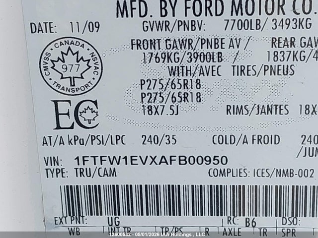 12600532 :رقم المزاد ، 1FTFW1EVXAFB00950 vin ، 2010 Ford F150 Supercrew مزاد بيع