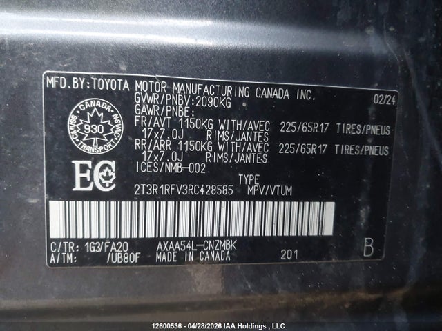 12600536 :رقم المزاد ، 2T3R1RFV3RC428585 vin ، 2024 Toyota Rav4 Xle مزاد بيع