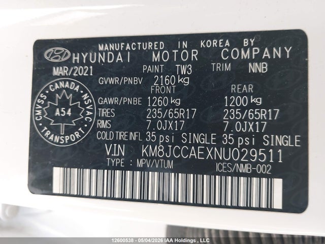 2022 Hyundai Tucson Sel მანქანა იყიდება აუქციონზე, vin: KM8JCCAEXNU029511, აუქციონის ნომერი: 12600538