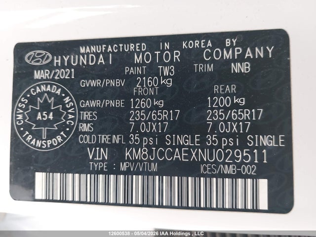 2022 Hyundai Tucson Sel მანქანა იყიდება აუქციონზე, vin: KM8JCCAEXNU029511, აუქციონის ნომერი: 12600538
