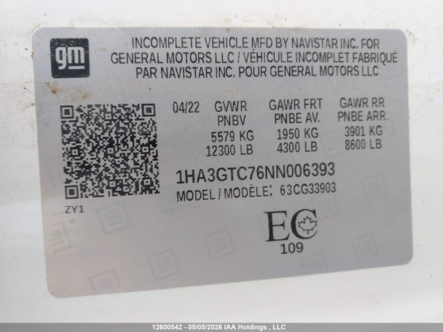 1HA3GTC76NN006393 Chevrolet Express Cutaway Work Van