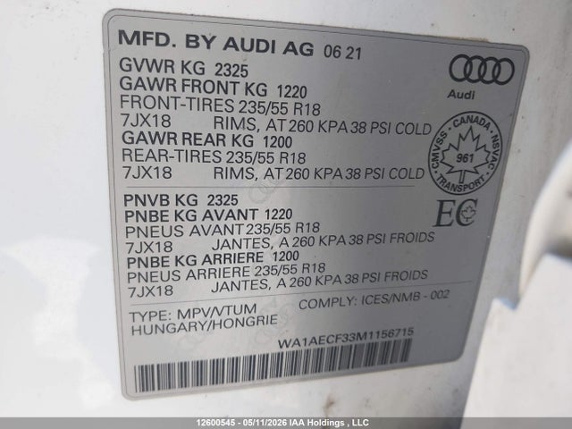 Aukcja sprzedaży 2021 Audi Q3 45 Komfort, vin: WA1AECF33M1156715, numer aukcji: 12600545