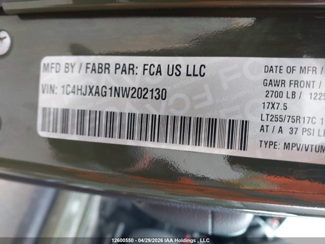 2022 Jeep Wrangler Willys მანქანა იყიდება აუქციონზე, vin: 1C4HJXAG1NW202130, აუქციონის ნომერი: 12600550
