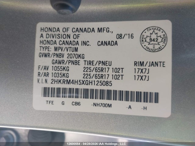 Aukcja sprzedaży 2016 Honda Cr-v Ex, vin: 2HKRM4H5XGH125085, numer aukcji: 12600554