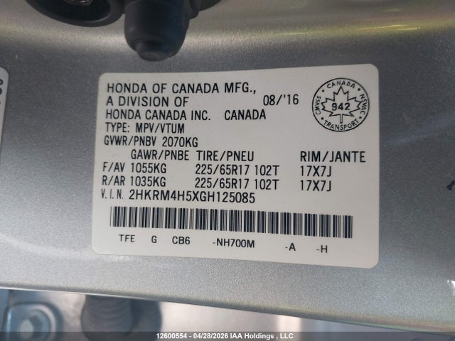 Aukcja sprzedaży 2016 Honda Cr-v Ex, vin: 2HKRM4H5XGH125085, numer aukcji: 12600554