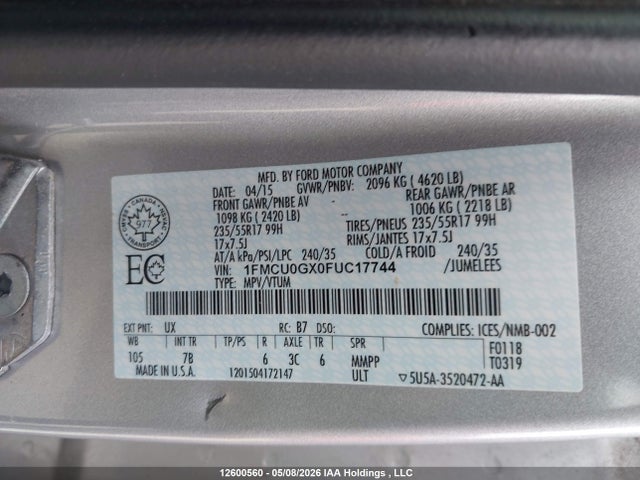 2015 Ford Escape Se მანქანა იყიდება აუქციონზე, vin: 1FMCU0GX0FUC17744, აუქციონის ნომერი: 12600560