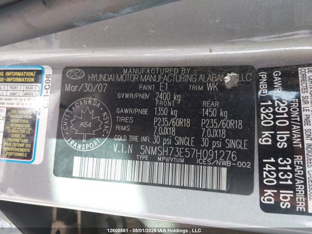 2007 Hyundai Santa Fe Se/limited მანქანა იყიდება აუქციონზე, vin: 5NMSH73E57H091276, აუქციონის ნომერი: 12600561