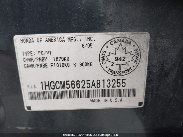 Aukcja sprzedaży 2005 Honda Accord, vin: 1HGCM56625A813255, numer aukcji: 12600562