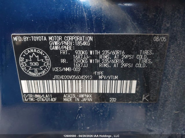 12600580 :رقم المزاد ، JTEHD20V056042912 vin ، 2005 Toyota Rav4 مزاد بيع