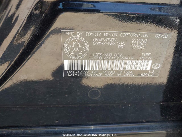 2008 Lexus Es 350 350 მანქანა იყიდება აუქციონზე, vin: JTHBJ46GX82234419, აუქციონის ნომერი: 12600582