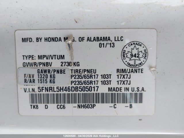 Aukcja sprzedaży 2013 Honda Odyssey Ex, vin: 5FNRL5H46DB505017, numer aukcji: 12600588