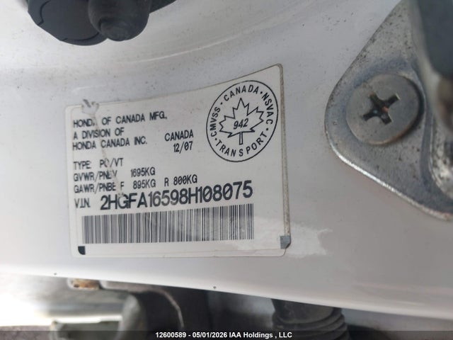 Продажа на аукционе авто 2008 Honda Civic Lx, vin: 2HGFA16598H108075, номер лота: 12600589