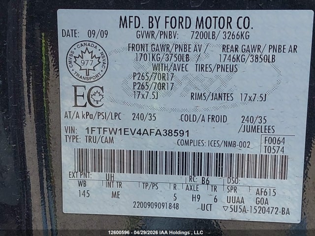 12600596 :رقم المزاد ، 1FTFW1EV4AFA38591 vin ، 2009 Ford F-150 مزاد بيع