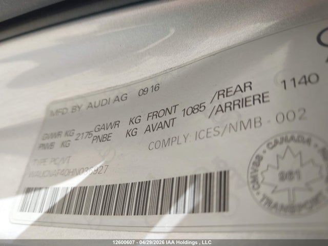 Продажа на аукционе авто 2017 Audi A4, vin: WAUCNAF40HN036927, номер лота: 12600607