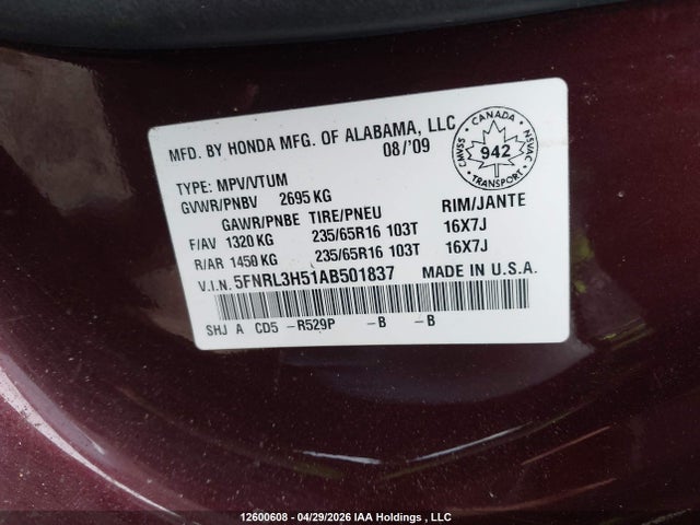 Продаж на аукціоні авто 2010 Honda Odyssey Se, vin: 5FNRL3H51AB501837, номер лоту: 12600608