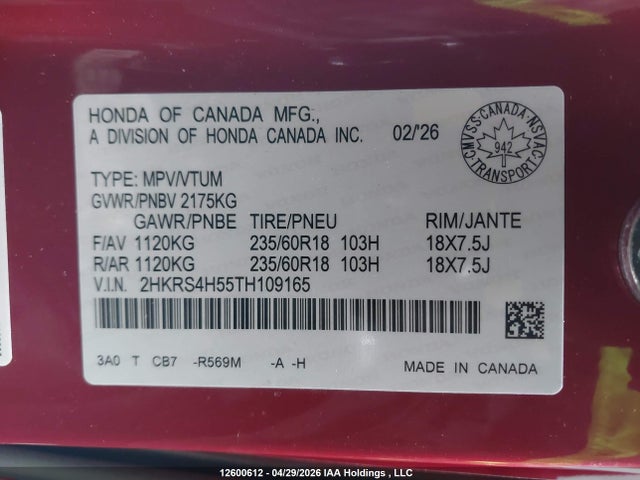 2HKRS4H55TH109165 Honda Cr-v Sport