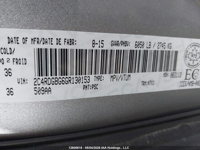 Aukcja sprzedaży 2016 Dodge Grand Caravan Se, vin: 2C4RDGBG6GR130153, numer aukcji: 12600618