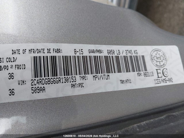 Aukcja sprzedaży 2016 Dodge Grand Caravan Se, vin: 2C4RDGBG6GR130153, numer aukcji: 12600618