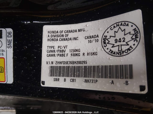 Продажа на аукционе авто 2011 Acura Csx, vin: 2HHFD5E76BH200295, номер лота: 12600622