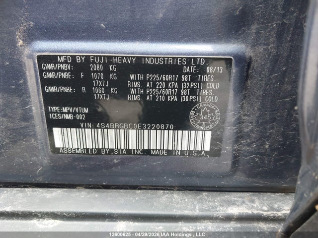 12600625 :رقم المزاد ، 4S4BRGBC0E3220870 vin ، 2014 Subaru Outback 2.5i Premium مزاد بيع