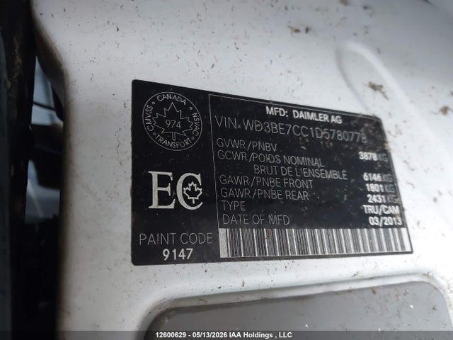 2013 Mercedes-benz Sprinter 3500 Standard Roof მანქანა იყიდება აუქციონზე, vin: WD3BE7CC1D5780778, აუქციონის ნომერი: 12600629