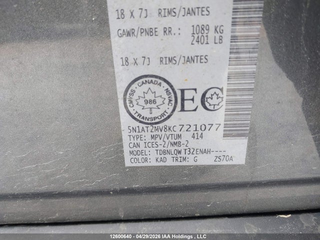 5N1AT2MV8KC721077 Nissan Rogue S/sl/sv