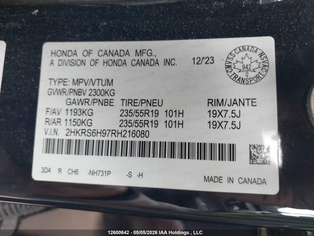 Продаж на аукціоні авто 2024 Honda Cr-v Touring Hybrid, vin: 2HKRS6H97RH216080, номер лоту: 12600642