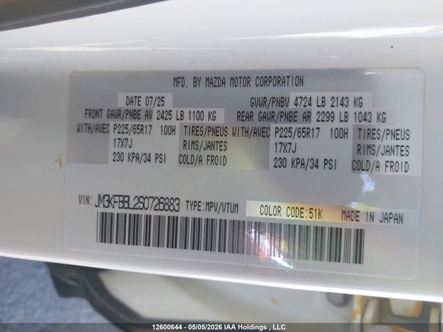 Aukcja sprzedaży 2025 Mazda Cx-5 Gx, vin: JM3KFBBL2S0726883, numer aukcji: 12600644