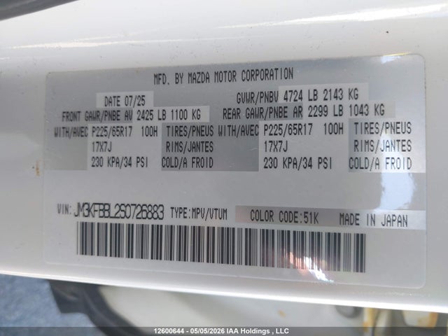 Aukcja sprzedaży 2025 Mazda Cx-5 Gx, vin: JM3KFBBL2S0726883, numer aukcji: 12600644