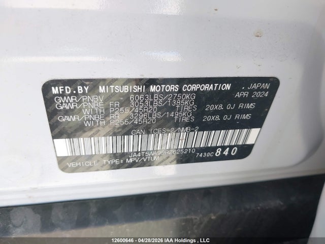 2024 Mitsubishi Outlander Gt/gt Noir/gt Premium/noir მანქანა იყიდება აუქციონზე, vin: JA4T5WA99RZ625210, აუქციონის ნომერი: 12600646