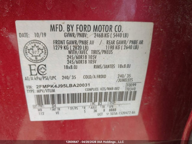 2020 Ford Edge Sel მანქანა იყიდება აუქციონზე, vin: 2FMPK4J95LBA20031, აუქციონის ნომერი: 12600647