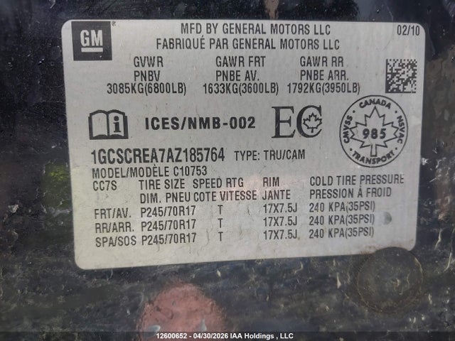 2010 Chevrolet Silverado 1500 Ls მანქანა იყიდება აუქციონზე, vin: 1GCSCREA7AZ185764, აუქციონის ნომერი: 12600652