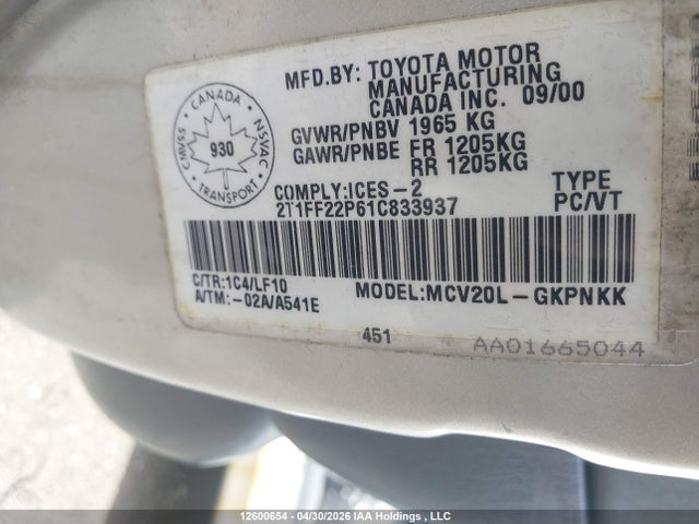 2001 Toyota Camry Solara Se/sle მანქანა იყიდება აუქციონზე, vin: 2T1FF22P61C833937, აუქციონის ნომერი: 12600654