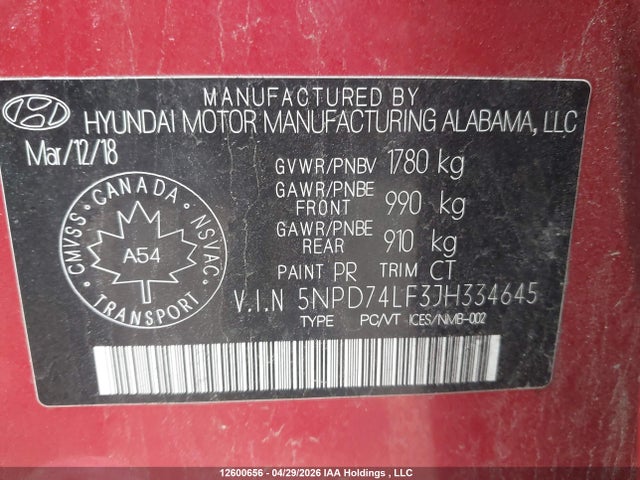 12600656 :رقم المزاد ، 5NPD74LF3JH334645 vin ، 2018 Hyundai Elantra Se مزاد بيع