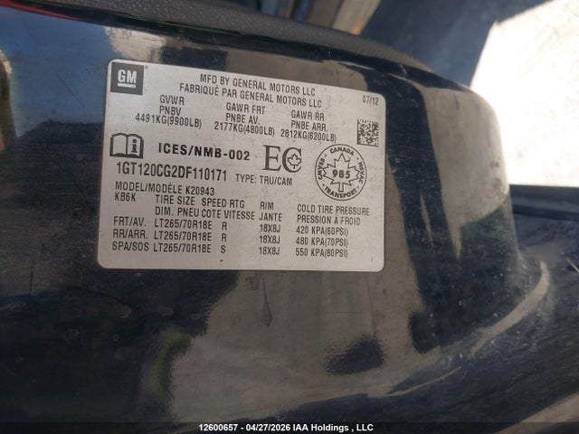 12600657 :رقم المزاد ، 1GT120CG2DF110171 vin ، 2013 Gmc Sierra K2500 Sle مزاد بيع