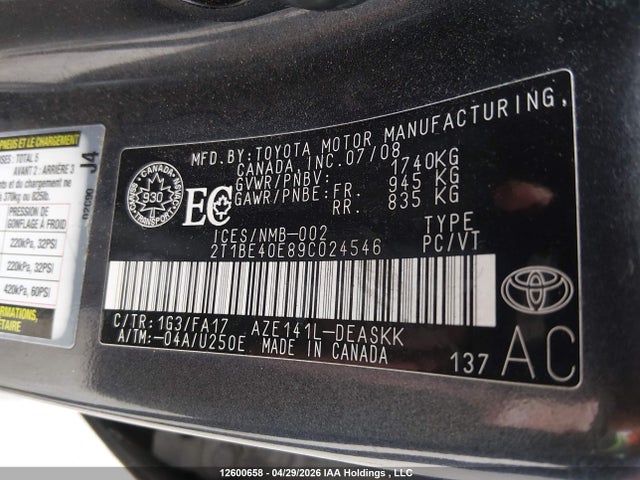 2009 Toyota Corolla Xrs Xrs მანქანა იყიდება აუქციონზე, vin: 2T1BE40E89C024546, აუქციონის ნომერი: 12600658