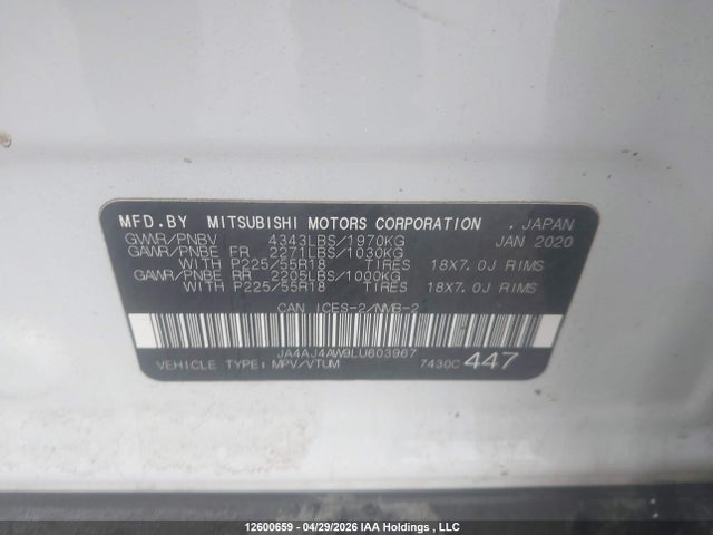 12600659 :رقم المزاد ، JA4AJ4AW9LU603967 vin ، 2020 Mitsubishi Rvr Se/sel/limited/gt مزاد بيع