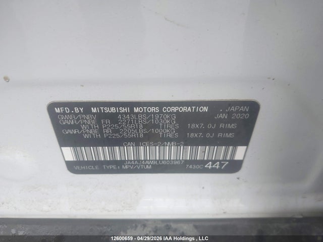 12600659 :رقم المزاد ، JA4AJ4AW9LU603967 vin ، 2020 Mitsubishi Rvr Se/sel/limited/gt مزاد بيع