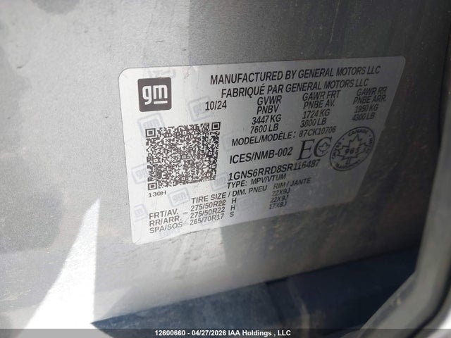 Aukcja sprzedaży 2025 Chevrolet Tahoe K1500 Rst, vin: 1GNS6RRD8SR116487, numer aukcji: 12600660