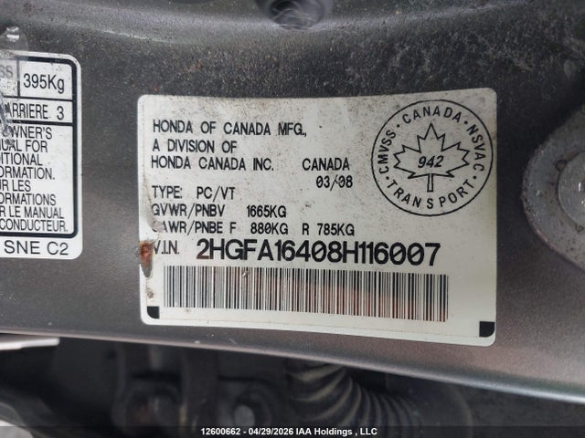 Продаж на аукціоні авто 2008 Honda Civic Dx-g, vin: 2HGFA16408H116007, номер лоту: 12600662