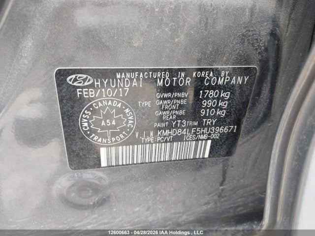 KMHD84LF5HU396671 Hyundai Elantra Se/value/limited