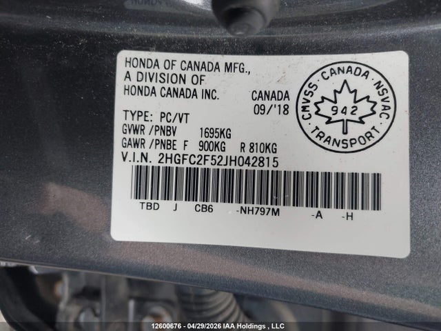 2018 Honda Civic Lx მანქანა იყიდება აუქციონზე, vin: 2HGFC2F52JH042815, აუქციონის ნომერი: 12600676