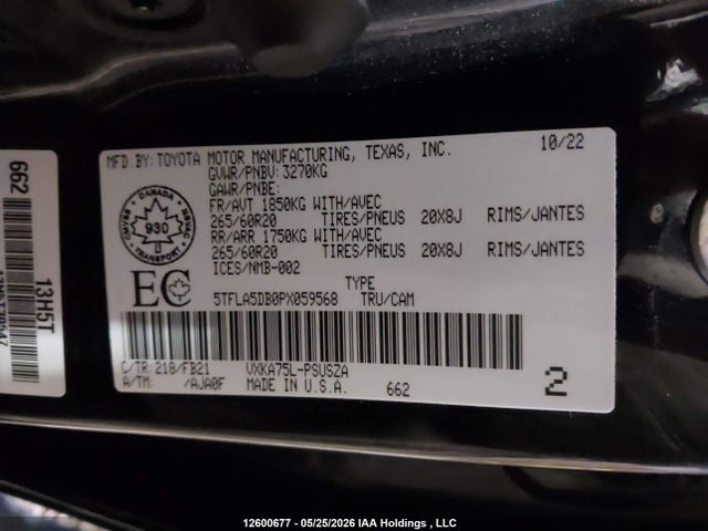 2023 Toyota Tundra Crewmax Sr/crewmax Sr5 მანქანა იყიდება აუქციონზე, vin: 5TFLA5DB0PX059568, აუქციონის ნომერი: 12600677