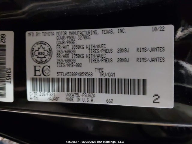 2023 Toyota Tundra Crewmax Sr/crewmax Sr5 მანქანა იყიდება აუქციონზე, vin: 5TFLA5DB0PX059568, აუქციონის ნომერი: 12600677